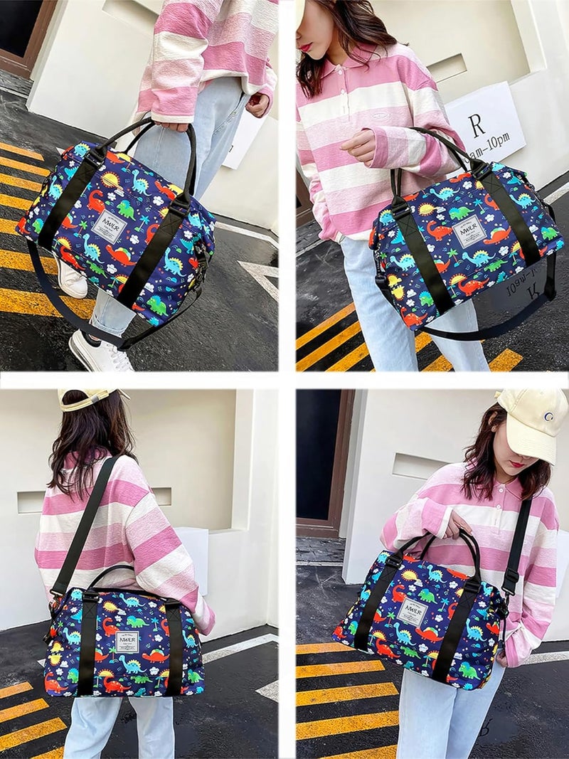 NWLR Travel Duffle Bag Weekender Overnight Bag Gym Tote with Wet Pocket for Women Girls Workout Duffel Bag Water Resistant (W-Cute Dinosaurs+Toiletry Bag) - Image 2